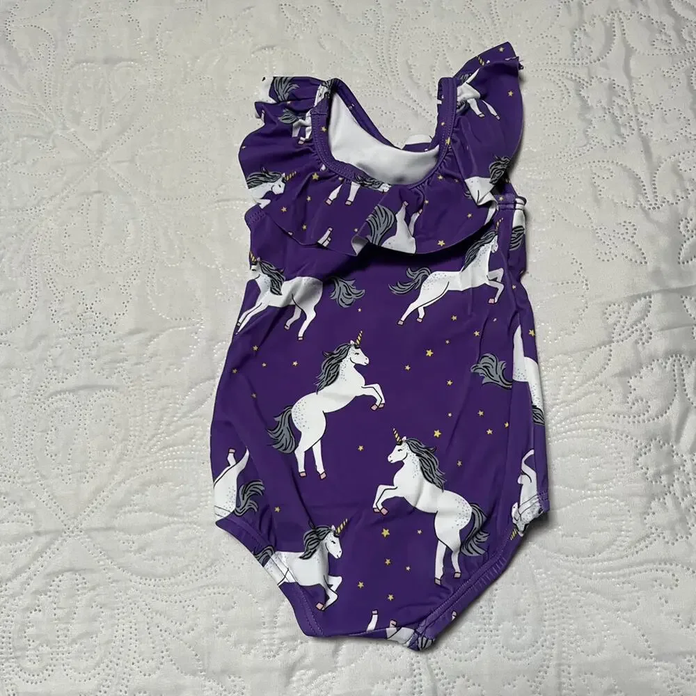 Hanna Andersson Purple Unicorn Ruffle One-Piece Swimsuit